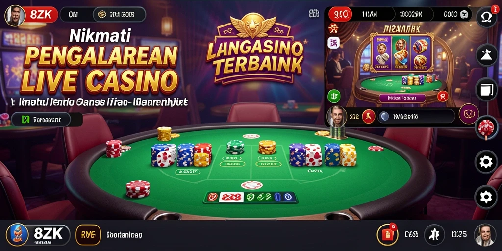 Screenshot 8ZK menampilkan dealer dan permainan kasino yang mengesankan.