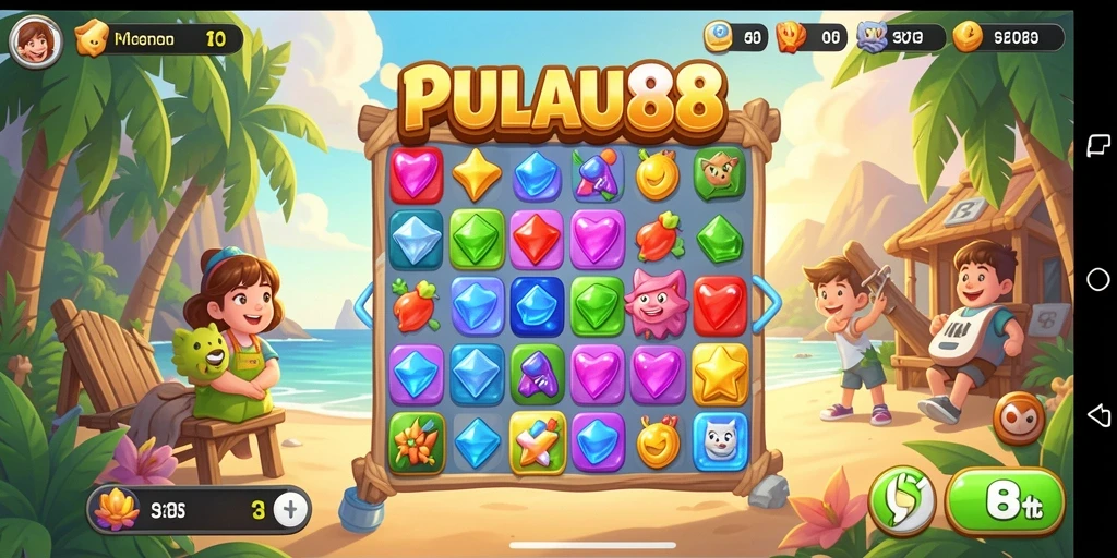 Screenshot PULAU88 menunjukkan gameplay seru mencocokkan permata.