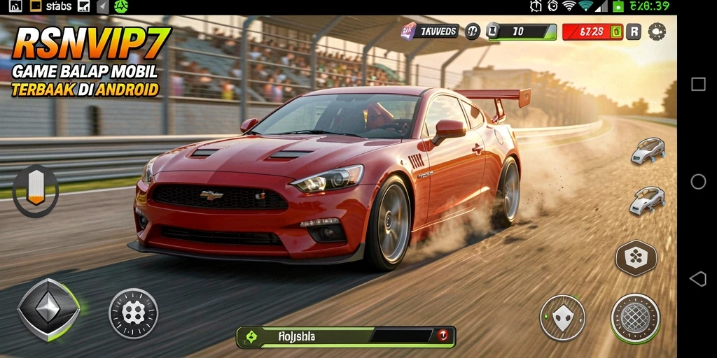 Screenshot gameplay RSNVIP7 menampilkan mobil melaju kencang di lintasan berliku.
